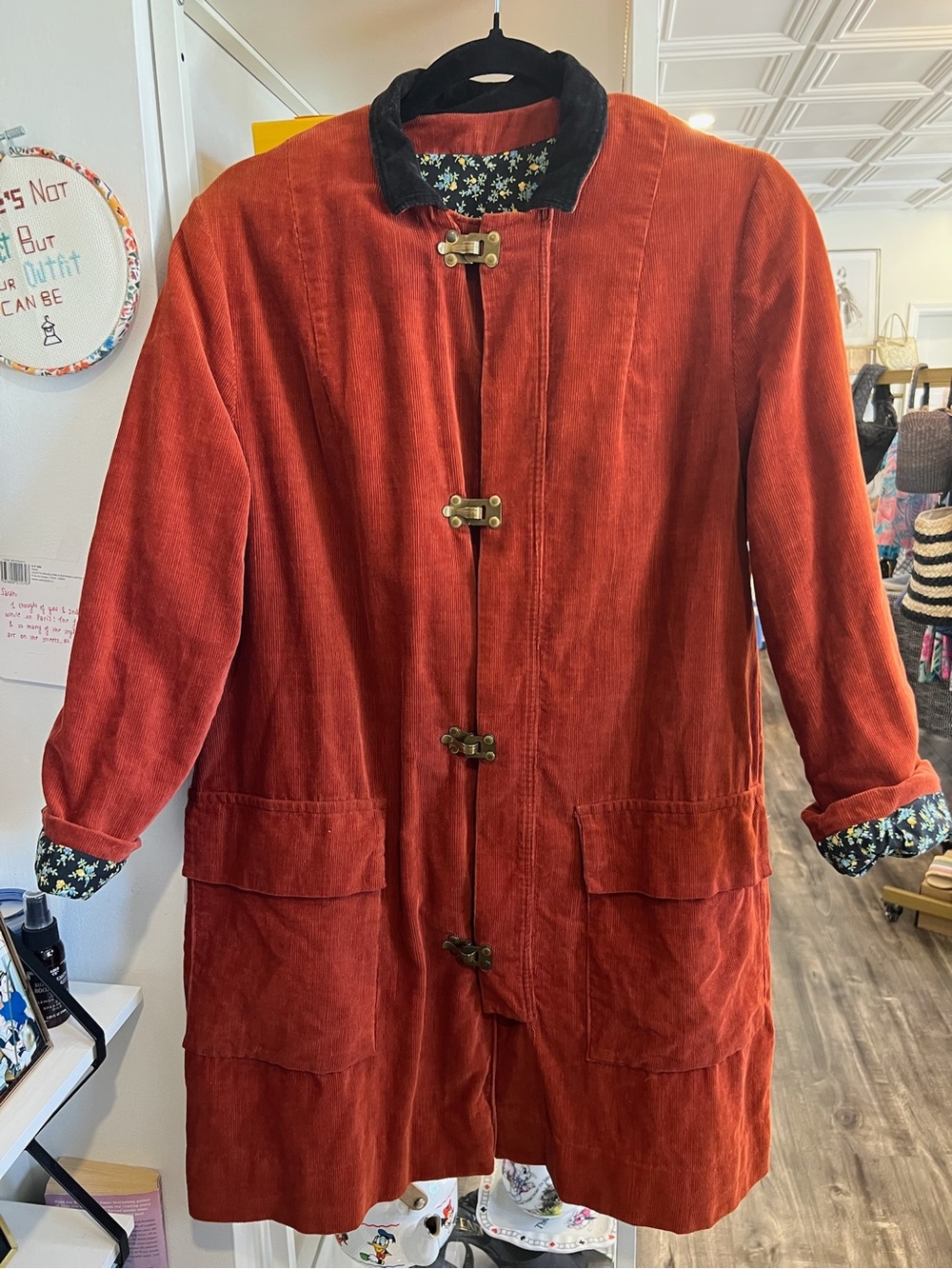 Vintage Rust Corduroy Toggle Coat with Floral Lining